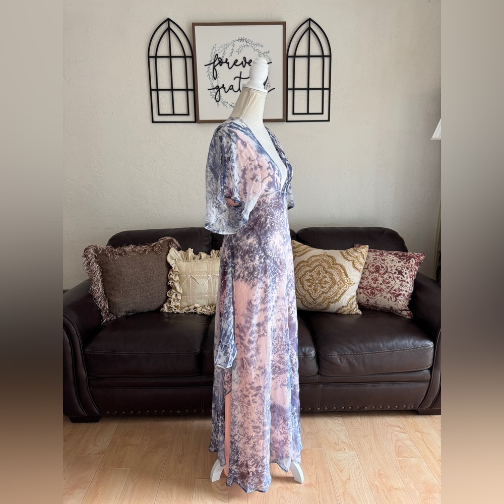 FOXIEDOX Purple Tie Dye Maxi Asymmetrical Dress Flowing Cap Sleeves Size S Boho - Picture 5 of 12